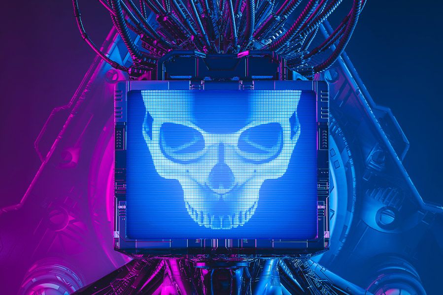 skull projected on robot head, depiction of AI as evil