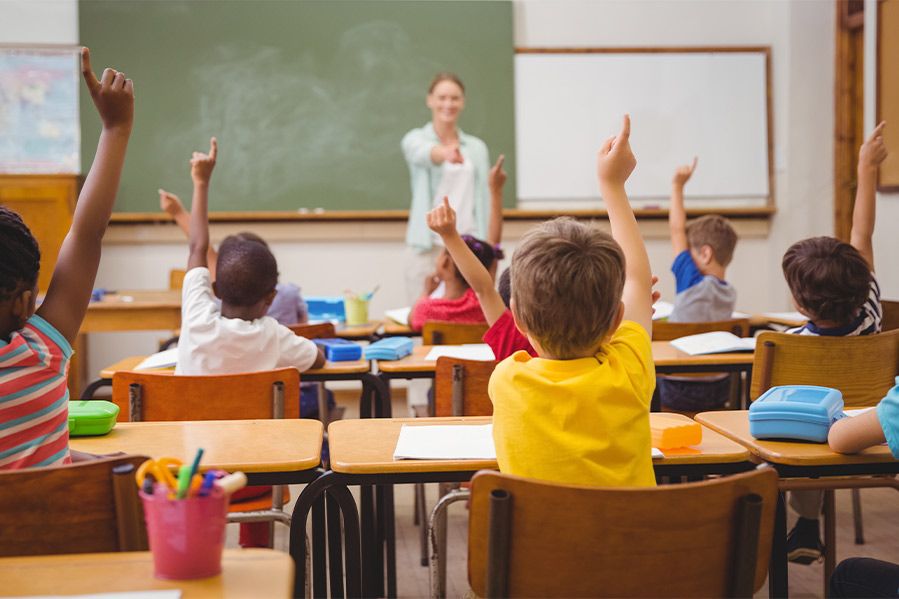 Elementary school students raising hands