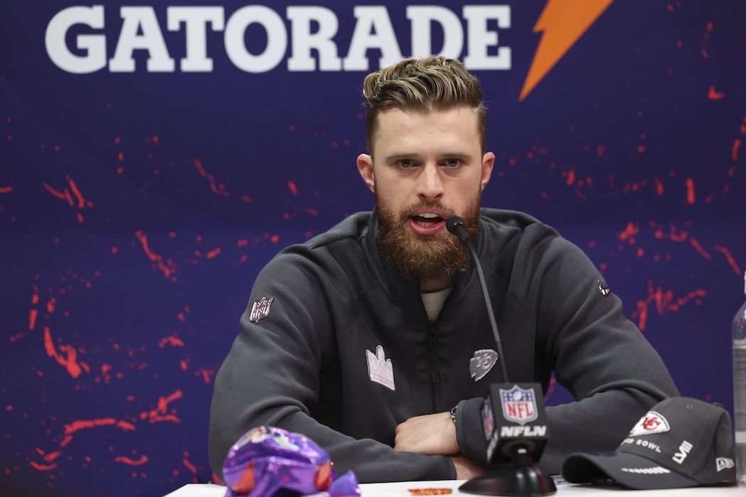 Harrison Butker speaks during a press conference