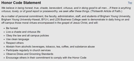 Brigham Young University honor code listing