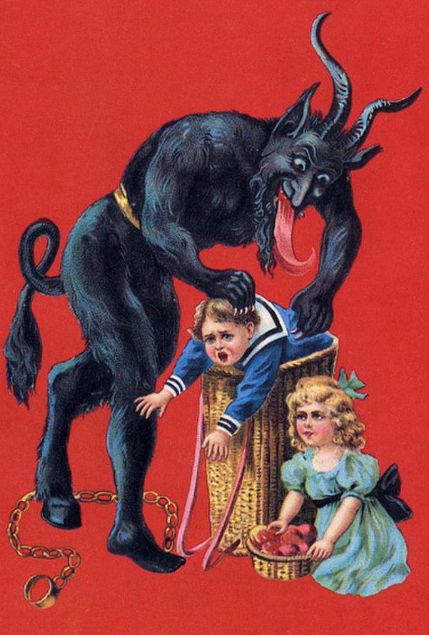 20th century card depicting krampus stealing kids