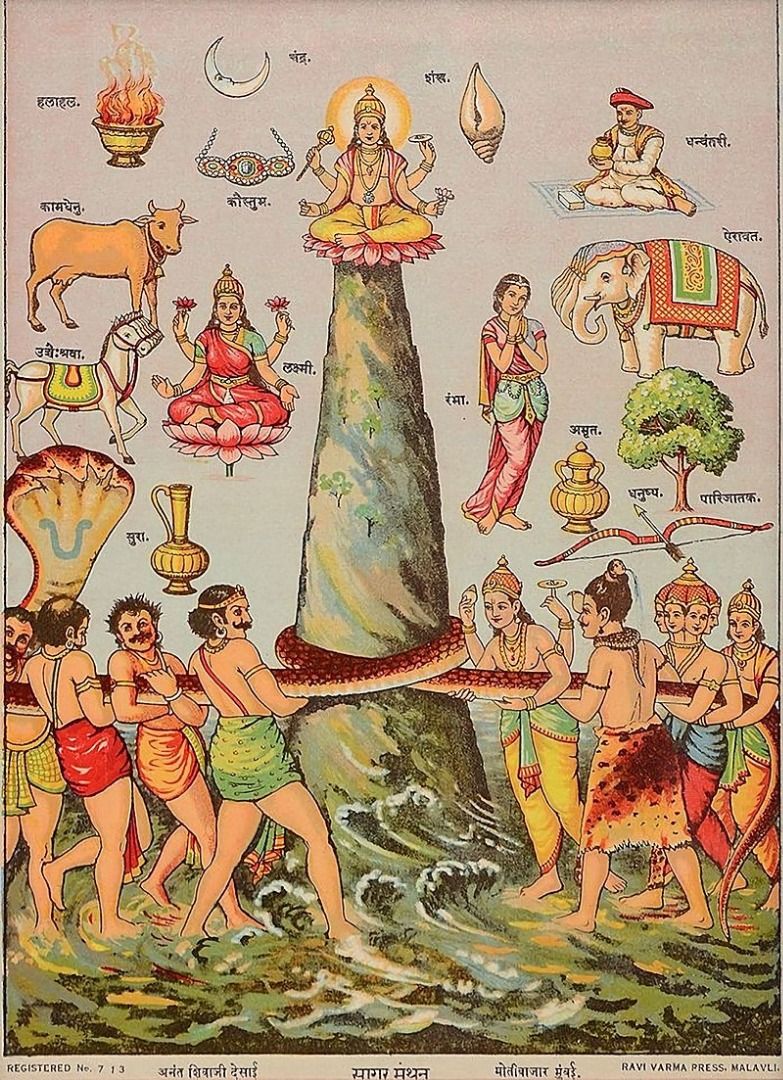 artistic depiction of hindu myth, creation of amrita