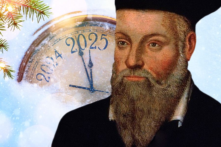 nostradamus in front of clock turning to 2025