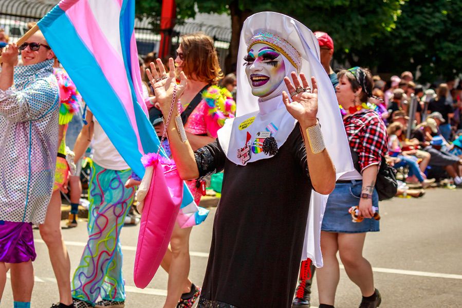 sister of perpetual indulgence dressed as nun at protest