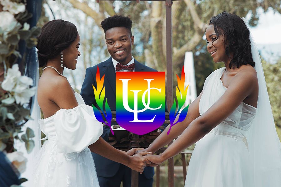 same-sex couple getting married, pride themed ULC logo overlaid