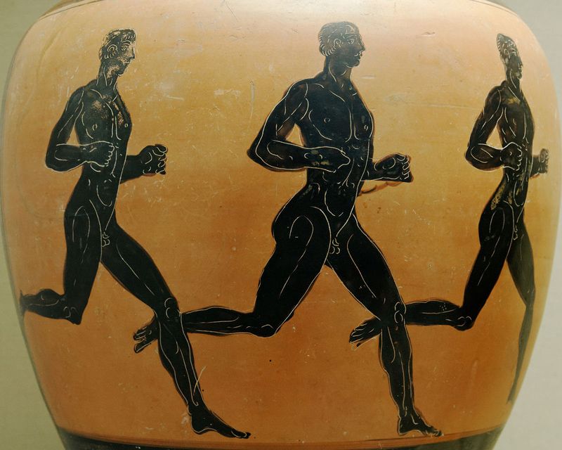 ancient painting of three olympic runners