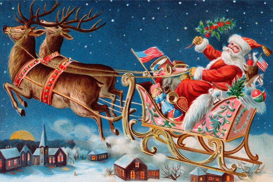 early 20th century art of santa claus and reindeer delivering presents