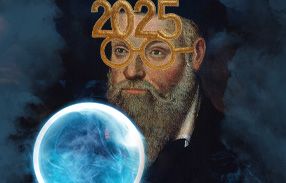 Nostradamus wearing 2025 new years glasses using a crystal ball