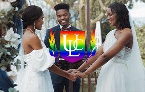 same sex wedding with ulc pride logo overlaid