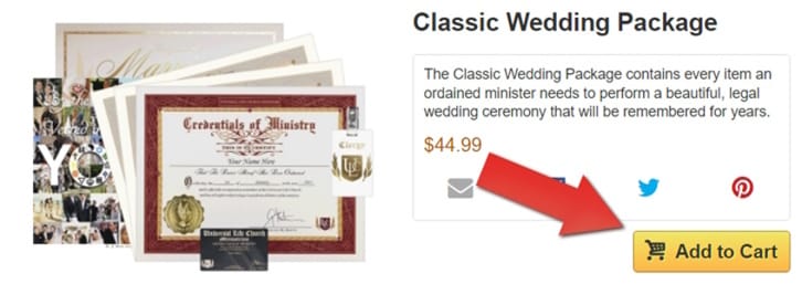 A picture of the Classic Wedding Package, with an arrow highlighting the Add to Cart button.