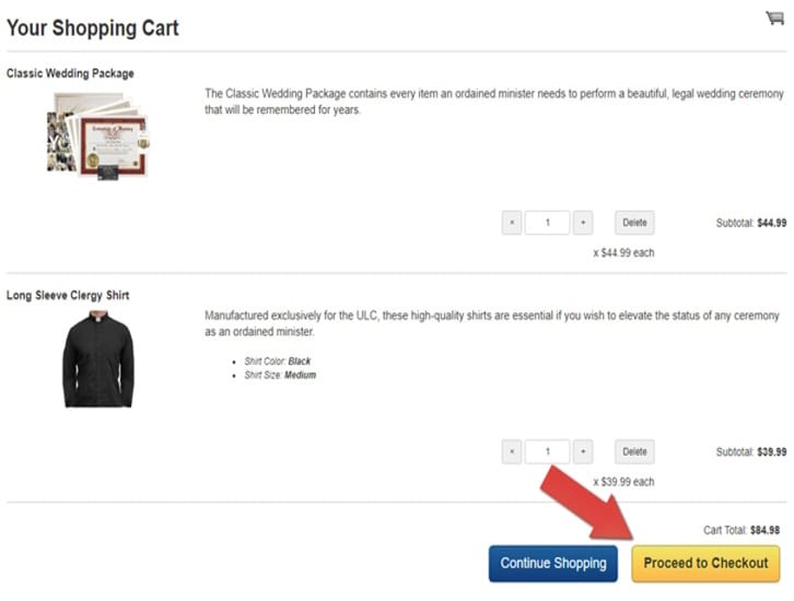 A picture of the Classic Wedding Package in the cart, with an arrow highlighting the Proceed to Checkout button.