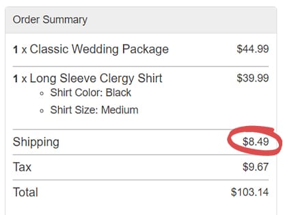A picture of the shopping cart, with a red circle showcasing the subtotal of the Classic Wedding Package.