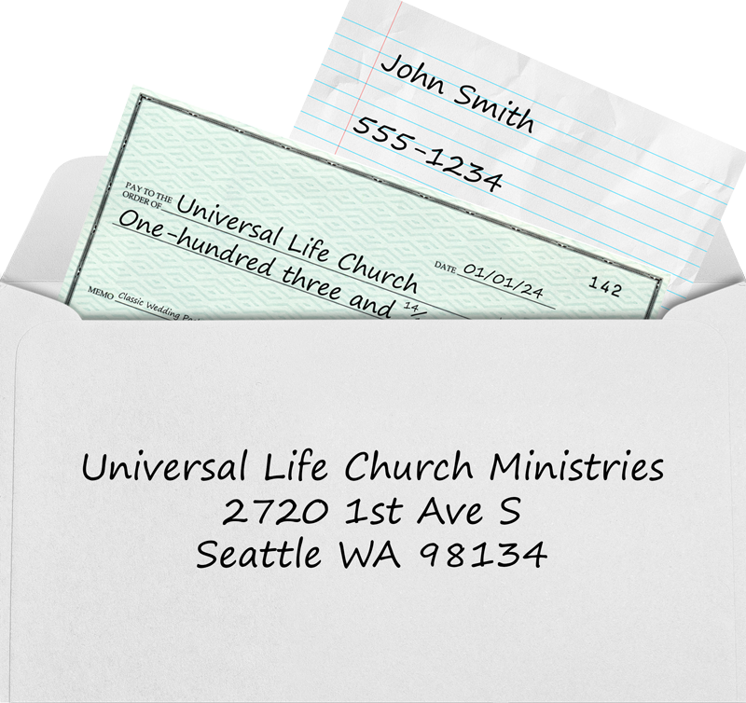 An envelope being filled with a check and return address to be sent to the ULC for a Classic Wedding Package.