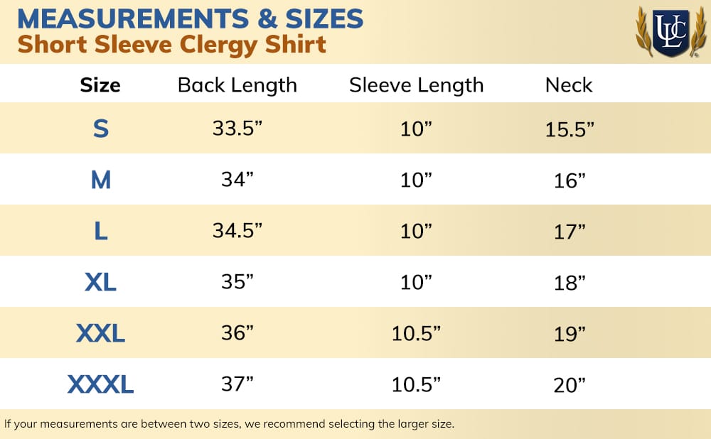 Size Chart for Short Sleeve Clergy Shirt - Color