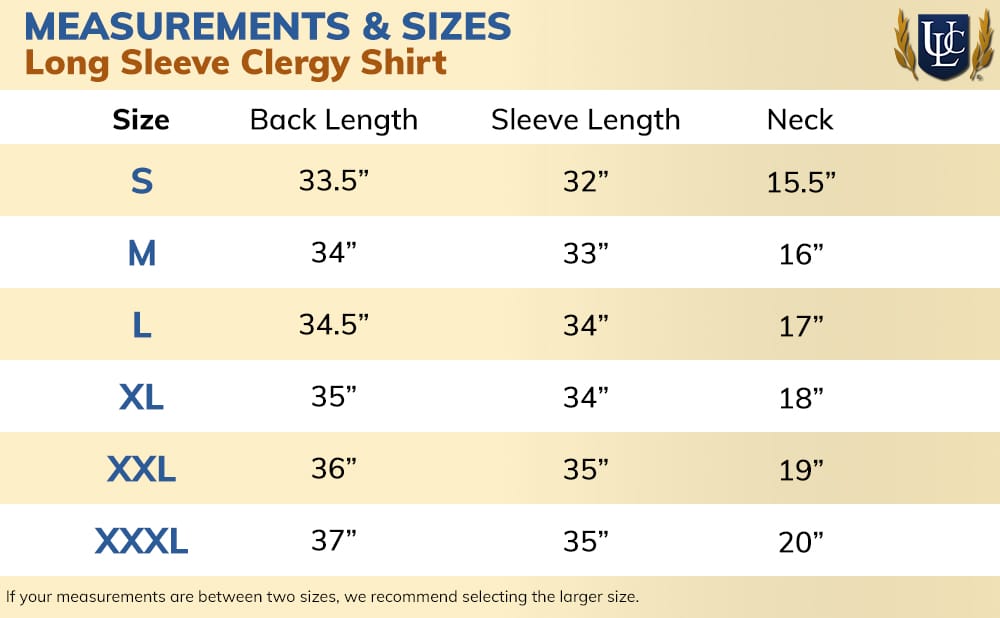 Size Chart for Long Sleeve Clergy Shirt - Color