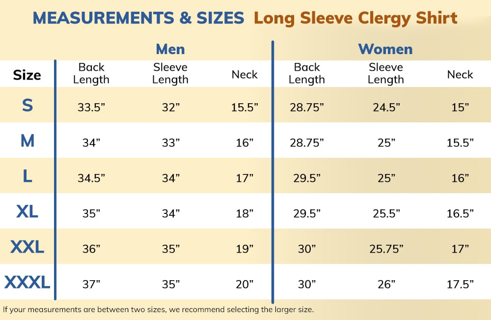 Size Chart for Long Sleeve Clergy Shirt