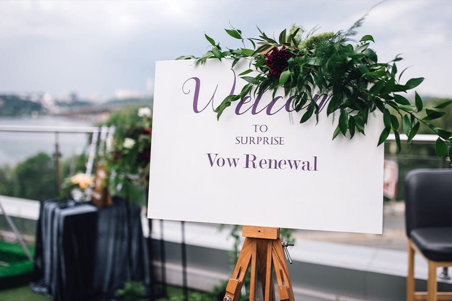 A sign indicating where a vow renewal ceremony will take place